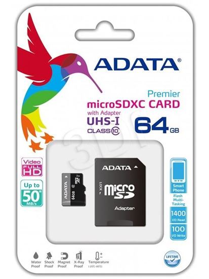 Obrázok z ADATA micro SD PREMIER (64GB; Class 10; Adapter)