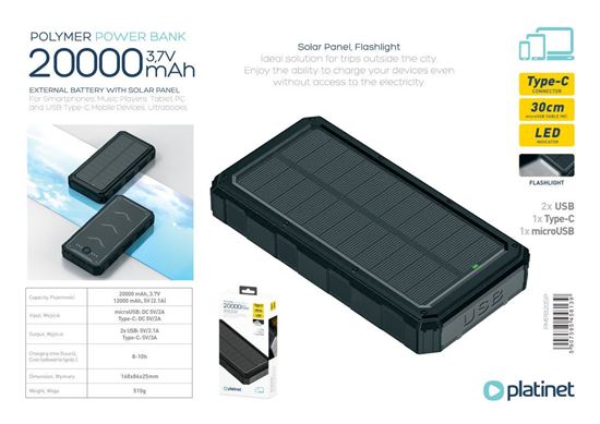 Obrázok z Platinet Power bank 20000mAh POLYMER 2A USB SOLAR PANEL