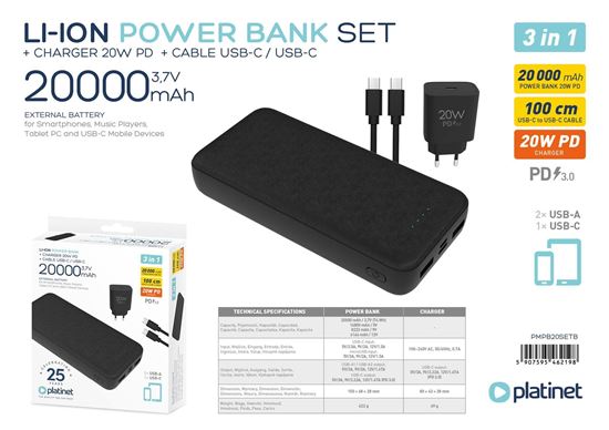 Obrázok z Platinet Power bank set 20000 mAh + 20W PD CHARGER + 1m CABLE BLACK