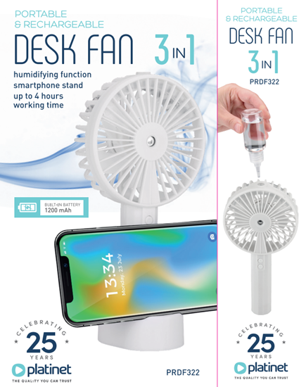 Obrázok z Platinet nabíjací prenosný ventilátor a zvlhčovač, 3 rýchlostné stupne, 1200 mAh 