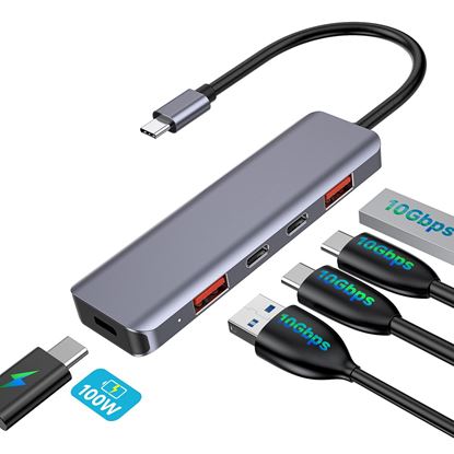 Obrázok: PLATINET HUB 5v1, USB-C do 2X USB-A 3.2 GEN2 + 2X USB-C 3.2 GEN2 + USB-C PD 100W ALUMINIUM