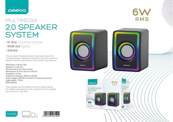 Obrázok z Omega reproduktor 2.0 6W RMS USB 3.5 mm Audio RGB Black Small Tower