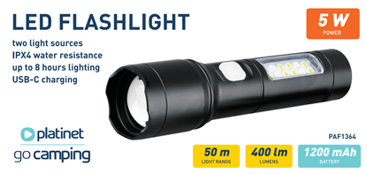Obrázok: PLATINET LED paterka 5W, 1200mAh, duálne osvetlenie, 400lm, ZOOM, 50m